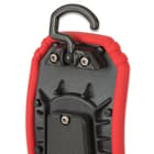 It has a tough ABS construction with a red, rubberized, no-slip grip and a hanging hook
