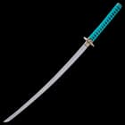 The 39” katana has a Damascus steel blade and teal cord wrapped handle with cast metal details. 