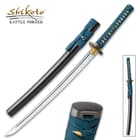 Shikoto Hammer-Forged Longquan Master Teal Wakizashi Sword - 1060 High Carbon Steel Blade, Tea-Dyed Rayskin, Brass Tsuba, Wooden Scabbard