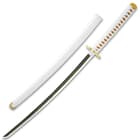 The sword can be carried in its white scabbard.