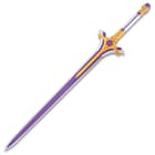 The anime sword has a V-shaped metal alloy guard that has silver, gold and purple accents