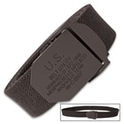 Black Army Training Belt - Tough Canvas Construction, Non-Reflective Metal Buckle, Leather Reinforced End - Length 46”