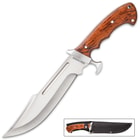 The Woodland Reverie Bowie Knife has a veined zebra wood handle and a uniquely curved cast metal guard.