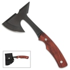 The throwing axe has a black-coated, stainless steel head with a 3” blade on one side and a penetrating point on the other