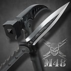 M48 tactical survival hammer and hunting spear head laying crossed showcasing sharp blade and axe head
