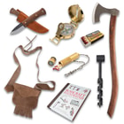 The Bushcraft Bandit Bundle includes illustrated visual guide, waterproof matches, auger, axe, match case, bag, compass, and knife.
