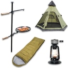 The Weekender Pro Bundle includes a fire pit grill, lantern heater cooker, four person teepee tent, and sleeping bag.