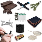The Bare Necessities Bundle includes waterproof matches, reflective paracord, knife, tarp, utensil set, camp stove kit, tent stakes, mess kit, and a blanket.