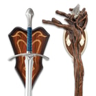 Close up image of Gandalf's Staff Moria and the Glamdring Sword hanging on the included wall plaque.