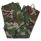The woodland camo pants have a tough, 65-percent polyester and 35-percent cotton, rip-stop construction that’s comfortable for all-day wear