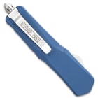 Ghost Series Blue Double Edge OTF Knife - Stainless Steel Blade, Metal Alloy Handle, Pocket Clip - Length 9”