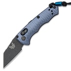 The Partial Benchmade Immunity Automatic Knife has a charcoal grey, anodized 6061-T6 billet aluminum handle with lock mechanism on the side.
