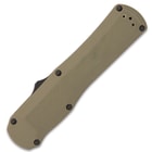 The 5” handle is made of olive drab G10 and features a deep-carry, reversible tip-down pocket clip