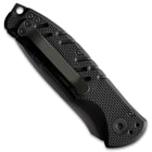 The razor-sharp pocket knife has a 3 1/2” 420HC steel, partially serrated, tanto blade with a black oxide coating