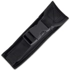 The knife can be secured in its black nylon belt sheath with quick-release buckle closure.