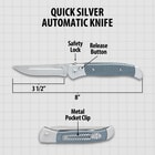 The Quick Silver Automatic Knife’s parts are identified with a 3.5” blade, safety lock, release button, and metal pocket clip.