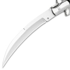 Zoomed view of the Black Curl Automatic Stiletto Knife’s curved stainless steel blade.