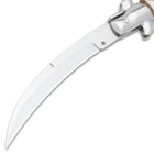 Zoomed view of the Pearl Curl Automatic Stiletto Knife’s curved stainless steel blade.