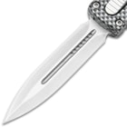 Detailed view of the dagger style stainless steel double-edged blade.