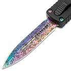 Close up image of the Damascus Automatic OTF Knife blade.