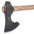 The axe head is forged of 1055 carbon steel, providing durability and edge retention and it has a manganese phosphate coating