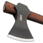 The axe head is forged of 1055 carbon steel, providing durability and edge retention and it has a manganese phosphate coating