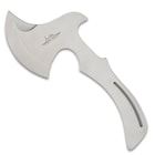 Each 10” overall axe is one-piece of tempered stainless steel with a 4 1/4”, upswept edge that’s razor-sharp and penetrating