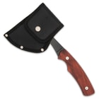 The axe head can be protected in a tough nylon sheath with snap closure and the axe is 9 1/2” in overall length