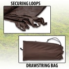 The tarp's drawstring bag and nylon loops shown