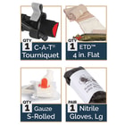 Included are Black Talon nitrile trauma gloves, Combat Application Tourniquet, 4 1/2”x 4 yds S-rolled Gauze and Flat 4” Emergency Trauma Dressing