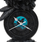 This images shows a close up of the custom design face of this Native American black wolf desk clock.