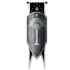 The Second Age War Shield of Gondor with shown hanging in front of the included war banner.