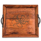 Octopus Wooden Tray - Antique Look, Black Metal Handles, Burned Design, Dimensions 10 3/4” X 11 3/4”