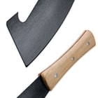 The machete has a smooth, contorted wooden handle and hook in the spine of the blade.