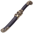 Wild Cat Fantasy Dagger And Scabbard - Stainless Steel Blade, Faux Leather Wrap, Brass Look Collectible - Length 13 1/2"