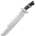 This machete has a black pakkawood handle with stainless steel blade, handguard, and pommel.