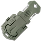 The SHTF Tactical Molle Shiv is shown secured into its heavy-duty sheath made of overmolded rubber.