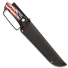Patrotic bowie knife enclosed in a black nylon sheath with and exposed knuckle buster handle with American flag art. 
