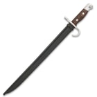 The 20 1/2” overall length bayonet slides securely into an 18-gauge black metal scabbard
