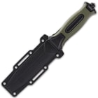 The 9 1/2” overall fixed blade knive snaps securely into a molded plastic belt sheath, which also has lashing holes