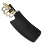 The trench knife can be carried in its heavy-duty belt sheath