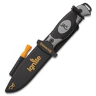Browning Ignite Black And Grey Fixed Blade With Fire Starter - 7Cr Stainless Steel Blade, Polymer Handle, Injection Molded Sheath - Length 8 1/2”