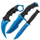 The set includes a karambit, huntsman, and military knife with blue metallic finish stainless steel blades and textured TPU handles.