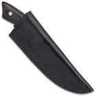 The 8” overall skinner knife can be carried securely in a premium, black leather belt sheath
