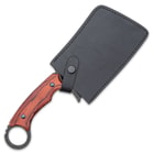 The 12” overall cleaver knife can be stored and carried in a premium leather belt sheath with a snap strap closure