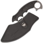 The 7 4/5” overall ulu knife can be stored and carried in its premium, black leather belt sheath with snap strap closure