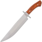 The knife has a full-tang, razor-sharp 11” 3Cr13 stainless steel clip point blade and the spine has partial filework