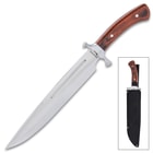 The fixed blade knife has a massive full-tang, 11 1/2” stainless steel blade, extending from a chunky stainless steel guard