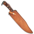 The 16 1/2" overall bowie knife can be store in its handmade leather belt sheath with snap strap closure.