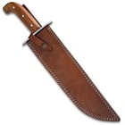 The 17” overall survivor knife can be carried and stored in its premium leather belt sheath with a handle snap strap